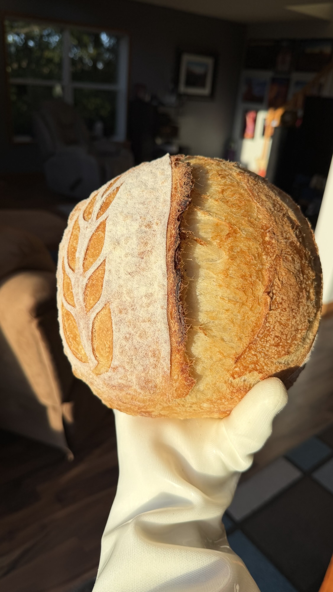 beautiful sourdough boule with a big ear.